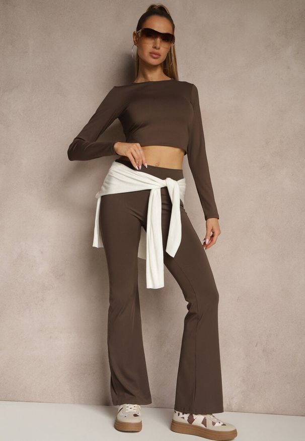 Renee - Brązowe Legginsy Dzwony High Waist Orruvana. Stan: podwyższony. Kolor: brązowy. Materiał: tkanina