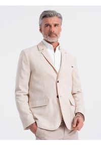 Ombre Clothing - Męska marynarka o kroju REGULAR z lnem - kremowa V1. Okazja: do pracy. Kolor: kremowy. Materiał: len. Wzór: aplikacja. Styl: klasyczny, elegancki #8
