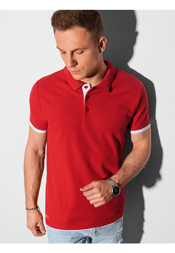 Ombre Clothing - Koszulka męska polo bawełniana S1382 - czerwona - XXL. Typ kołnierza: polo. Kolor: czerwony. Materiał: bawełna. Wzór: nadruk. Styl: klasyczny