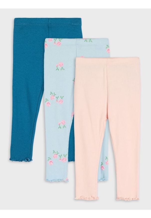Sinsay - Prążkowane legginsy z ozdobnymi falbankami 3 pack - niebieski. Kolor: niebieski. Materiał: prążkowany