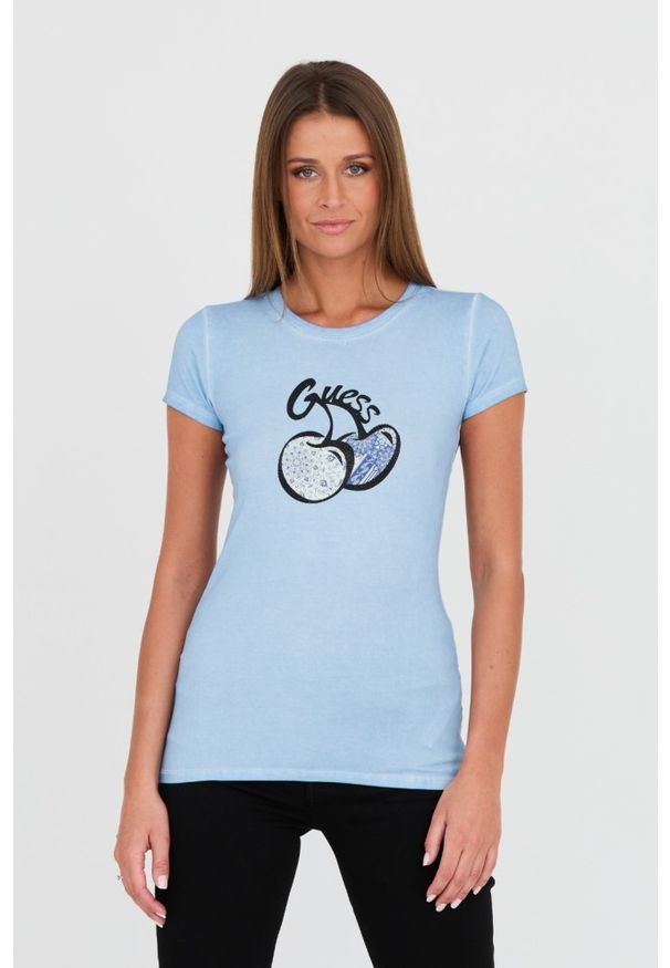 Guess - GUESS Niebieski t-shirt z printem i cyrkoniami. Kolor: niebieski. Wzór: nadruk
