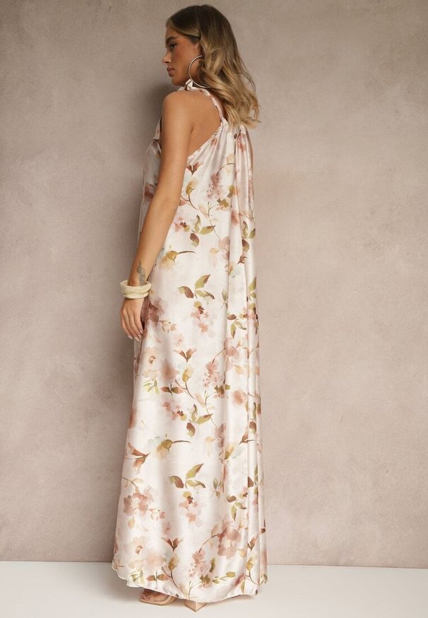 Renee - Beżowa Sukienka z Satyny w Kwiatowy Wzór Fenimea. Okazja: na randkę, na imprezę. Kolor: beżowy. Materiał: satyna. Długość rękawa: na ramiączkach. Wzór: kwiaty. Sezon: lato. Styl: elegancki