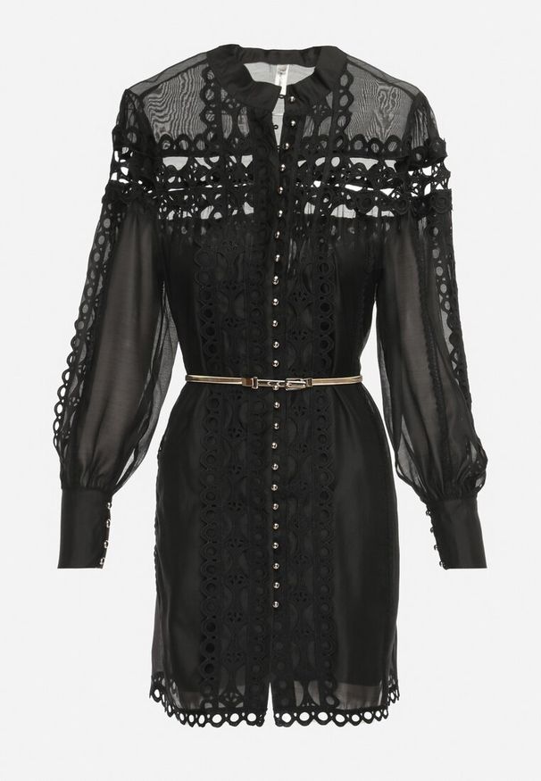 Born2be - Czarna Koronkowa Sukienka Mini z Paskiem i Guzikami Nyloni. Okazja: na co dzień, na randkę. Kolor: czarny. Materiał: koronka. Długość rękawa: na ramiączkach. Typ sukienki: proste. Styl: casual, elegancki. Długość: mini