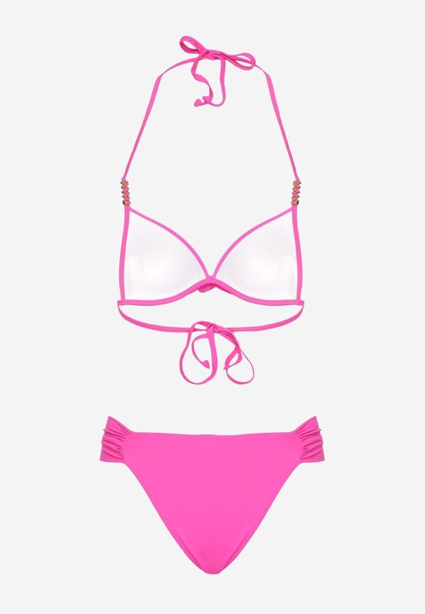 Born2be - Fuksjowe Bikini Biustonosz Push Up z Wiązaniem i Majtki Figi Miraviela. Kolor: różowy. Wzór: ażurowy, haft