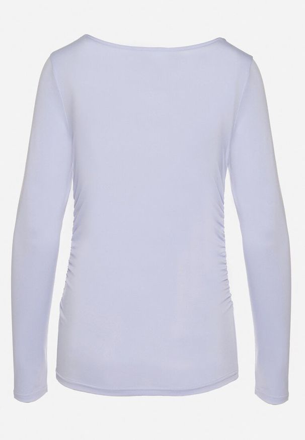 Born2be - Niebieska Bluzka z Marszczeniami po Bokach i Kwadratowym Dekoltem Adexia. Okazja: na co dzień. Typ kołnierza: dekolt kwadratowy. Kolor: niebieski. Materiał: jeans, materiał. Długość rękawa: długi rękaw. Długość: długie. Styl: klasyczny, casual