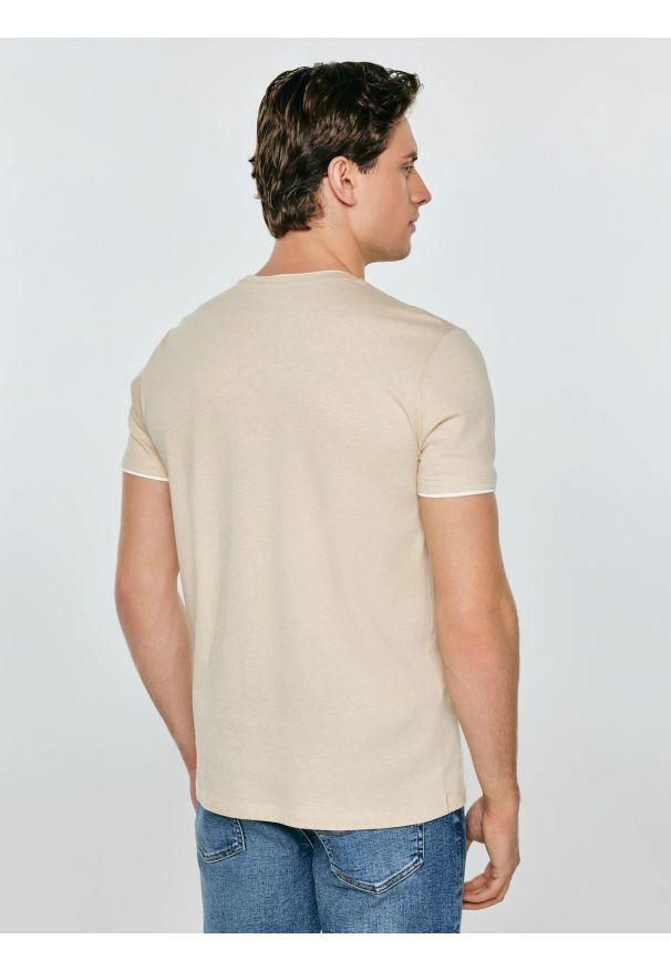 Big-Star - Koszulka męska w drobne paski beżowa Fredriser 801. Okazja: na co dzień. Kolor: beżowy. Materiał: dzianina, jeans, materiał. Wzór: paski. Sezon: lato. Styl: casual