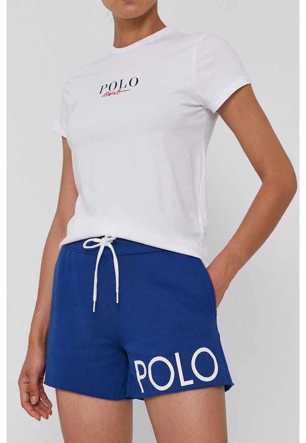 Polo Ralph Lauren Szorty damskie z nadrukiem high waist. Stan: podwyższony. Kolor: niebieski. Materiał: dzianina. Wzór: nadruk
