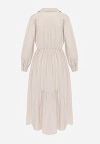 Renee - Beżowa Rozkloszowana Sukienka Koszulowa z Bawełny i Wiskozy Zdobiona Klapami Gleta. Okazja: na co dzień. Kolor: beżowy. Materiał: wiskoza, bawełna. Wzór: aplikacja. Typ sukienki: koszulowe. Styl: casual, elegancki #5