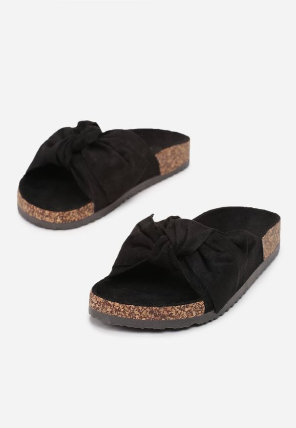 Born2be - Czarne Klapki z Ozdobną Kokardą Subcellular. Kolor: czarny. Materiał: jeans. Wzór: aplikacja. Sezon: lato