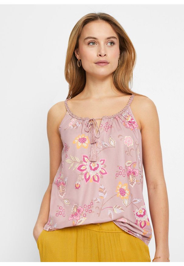 bonprix - Top na cienkich ramiączkach. Kolor: różowy. Materiał: koronka. Długość rękawa: na ramiączkach. Wzór: aplikacja, koronka, kwiaty