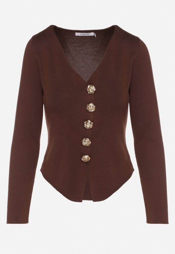 Born2be - Brązowy Sweter z Wiskozą Ozdobiony Guzikami Zetisae. Okazja: na co dzień. Kolor: brązowy. Materiał: wiskoza. Wzór: aplikacja. Styl: klasyczny, casual, elegancki