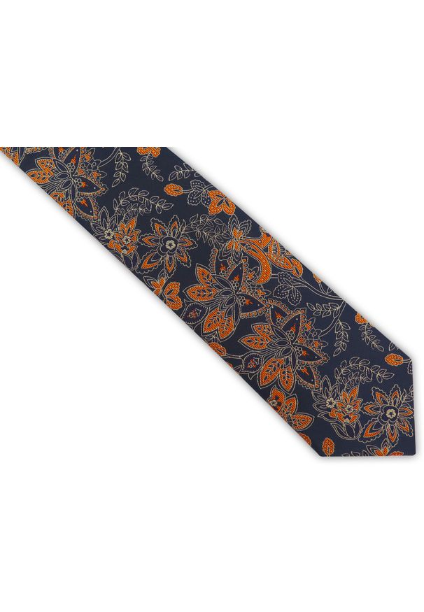 Adam Collection - Granatowy krawat męski w pomarańczowy paisley D336. Kolor: wielokolorowy, niebieski, pomarańczowy. Materiał: mikrofibra, tkanina. Wzór: paisley