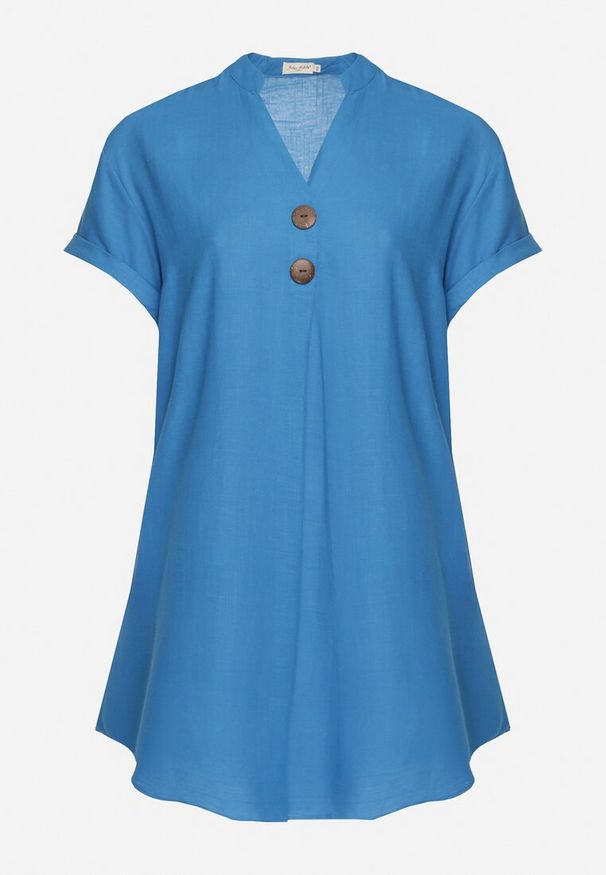 Born2be - Niebieska Sukienka z Lnem Pudełkowa z Krótkim Rękawem i Guzikami Effienu. Kolor: niebieski. Materiał: len. Długość rękawa: krótki rękaw. Wzór: kolorowy. Styl: klasyczny, elegancki