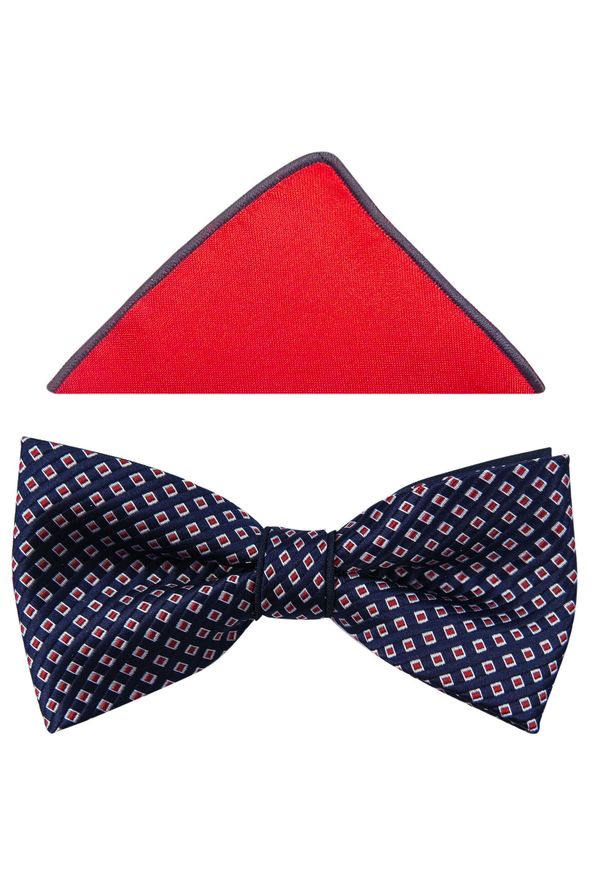 Modini - Granatowo-biała muszka w czerwone kwadraty A119. Kolor: biały, wielokolorowy, czerwony, niebieski. Materiał: poliester, tkanina. Styl: elegancki