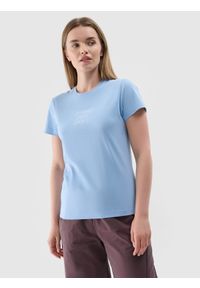 4f - 4F T-shirt slim z nadrukiem damski - niebieski S. Okazja: na co dzień. Kolor: niebieski. Materiał: dzianina, materiał, jersey. Wzór: nadruk. Styl: klasyczny, sportowy, casual