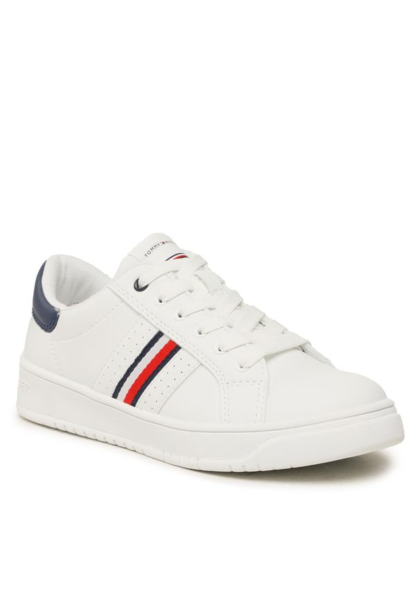 TOMMY HILFIGER - Sneakersy Tommy Hilfiger Stripes Low Cut Lace-Up Sneaker T3X9-32849-1355 S White/Blue X336. Kolor: biały. Materiał: skóra