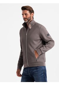 Ombre Clothing - Kurtka męska z wysokim kołnierzem i polarowym wnętrzem – popielata V2 - Rozmiar: XL. Kolor: szary. Materiał: polar. Wzór: aplikacja. Styl: elegancki