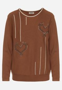 Born2be - Brązowy Sweter Ozdobiony Sercami z Cyrkonii Unaressa. Okazja: na co dzień. Kolor: brązowy. Materiał: jeans. Wzór: aplikacja. Styl: casual, elegancki #2