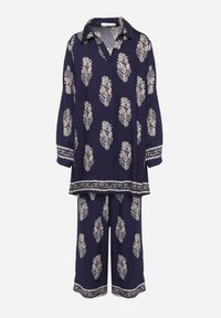 Born2be - Granatowy Komplet w Stylu Boho Oversize Długa Koszula i Luźne Spodnie Meppina. Kolor: niebieski. Materiał: skóra #7