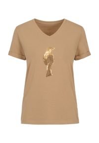 Ochnik - T-shirt damski w kolorze camel z aplikacją wilgi. Okazja: na co dzień. Kolor: brązowy. Materiał: bawełna. Długość: krótkie. Wzór: aplikacja. Styl: casual