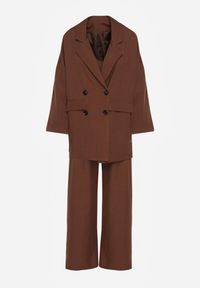 Renee - Brązowy Komplet Garniturowy Oversize Marynarka Dwurzędowa i Spodnie Wide Leg Tevilna. Kolor: brązowy. Wzór: aplikacja #6