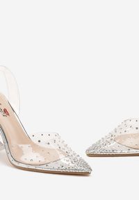 Born2be - Srebrne Sandały na Obcasie Klepsydra z Transparentną Cholewką i Cyrkoniami Tonksa. Kolor: srebrny. Szerokość cholewki: normalna. Obcas: na obcasie. Wysokość obcasa: średni #4