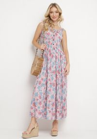 Born2be - Jasnoróżowa Rozkloszowana Sukienka Bawełniana w Kwiatowy Print z Guzikami Jamallia. Okazja: na co dzień. Kolor: różowy. Materiał: bawełna. Wzór: kwiaty, nadruk. Typ sukienki: proste. Styl: casual, klasyczny #3
