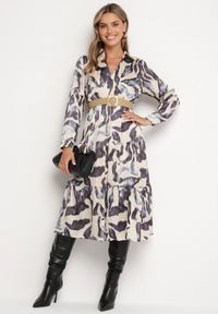 Born2be - Beżowo-Szara Kopertowa Sukienka w Abstrakcyjny Wzór z Gumką w Talii i Paskiem Zinnitaria. Okazja: na co dzień. Kolor: beżowy. Materiał: jeans. Typ sukienki: kopertowe. Styl: casual, klasyczny #6