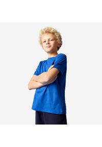 DOMYOS - Koszulka z krótkim rękawem dziecięca Domyos. Kolor: niebieski. Materiał: tkanina, prążkowany, bawełna, materiał. Długość rękawa: krótki rękaw. Długość: krótkie