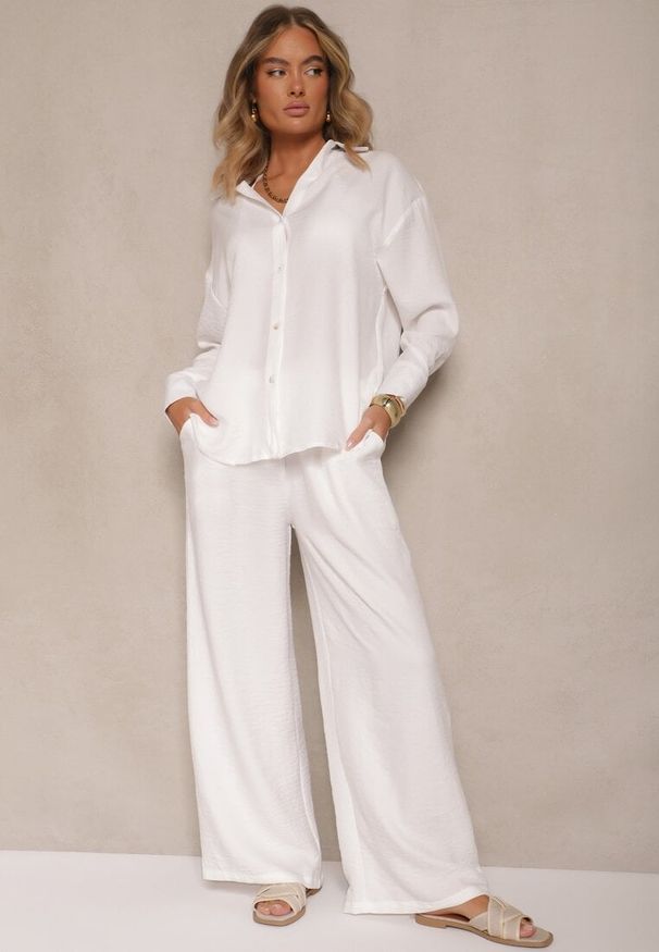 Renee - Biały Komplet z Bawełny Koszula i Spodnie Wide Leg Amaddie. Kolor: biały. Materiał: bawełna