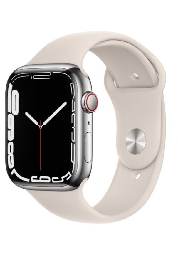 APPLE - Smartwatch Apple Watch 7 GPS+Cellular 45mm stal, srebrny | księżycowa poświata pasek sportowy. Rodzaj zegarka: smartwatch. Kolor: srebrny. Styl: sportowy