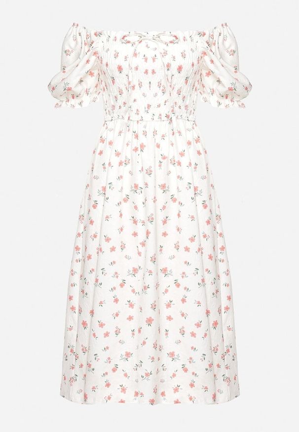 Born2be - Biało-Różowa Rozkloszowana Sukienka w Kwiaty Typu Hiszpanka z Marszczonym Dekoltem Blueria. Okazja: na co dzień. Typ kołnierza: dekolt hiszpanka. Kolor: biały. Długość rękawa: krótki rękaw. Wzór: kwiaty. Sezon: lato. Styl: casual, elegancki