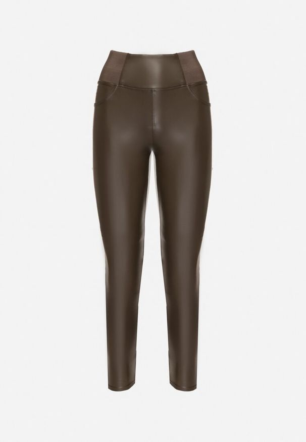 Born2be - Brązowe Ocieplane Legginsy z Ekoskóry z Wysokim Stanem Feliora. Okazja: na co dzień. Stan: podwyższony. Kolor: brązowy. Materiał: satyna. Styl: casual, elegancki, wizytowy