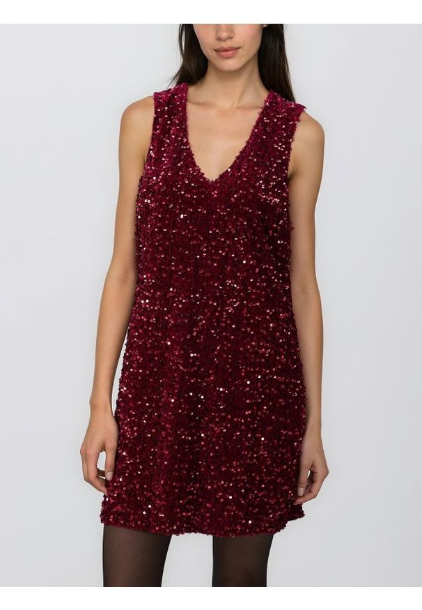 Reserved - Cekinowa sukienka mini - bordowy. Kolor: czerwony. Materiał: dzianina. Typ sukienki: proste. Długość: mini