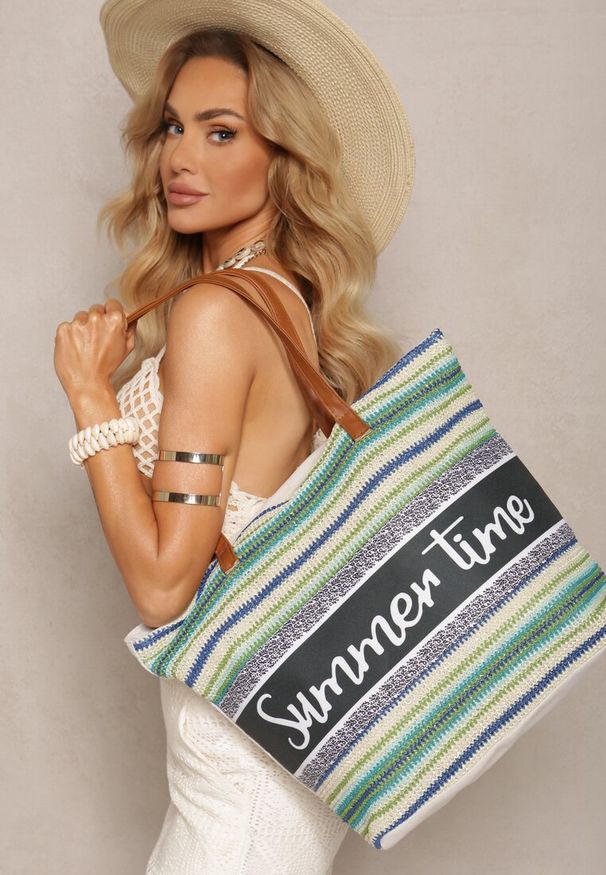 Renee - Jasnozielona Torebka Typu Shopper na Plażę z Jedną Komorą Gomeissa. Kolor: zielony. Wzór: haft. Sezon: lato. Dodatki: z haftem. Styl: boho
