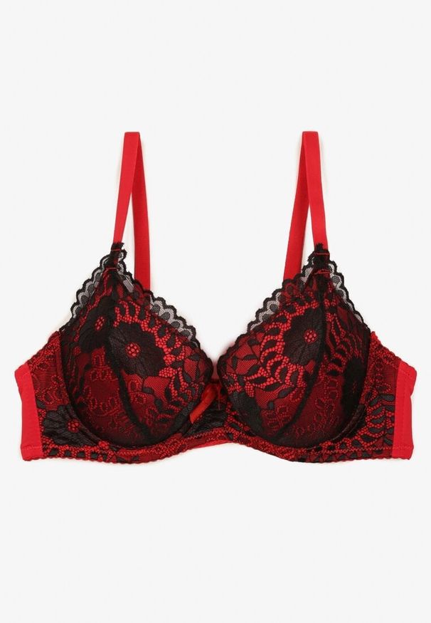 Born2be - Czarno-Czerwony Biustonosz Typu Full Cup z Ozdobną Koronką Lanithiel. Kolor: czarny. Materiał: koronka. Wzór: koronka