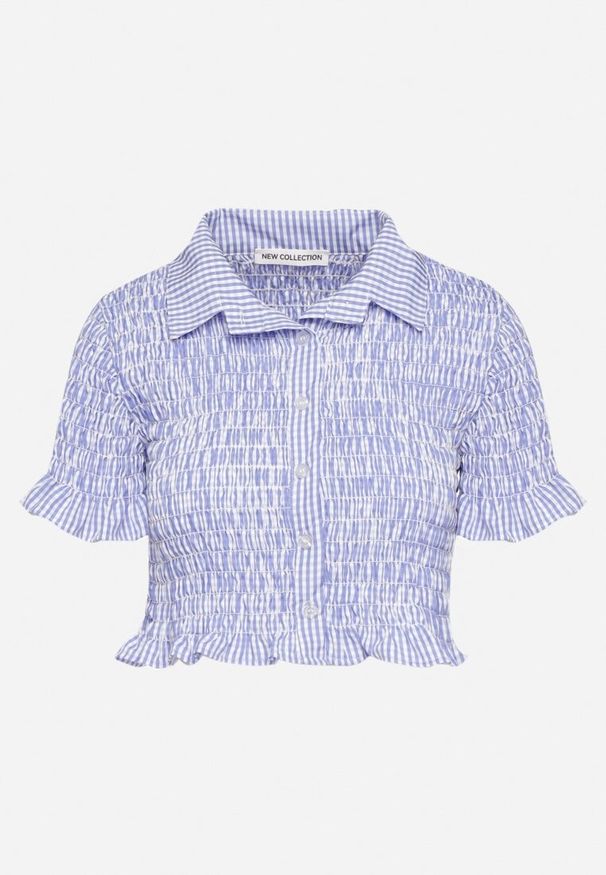 Born2be - Jasnoniebieska Elastyczna Koszula w Kratkę Vichy o Krótkim Kroju Sovzeri. Okazja: na co dzień. Kolor: niebieski. Materiał: materiał, jeans. Długość: krótkie. Wzór: kratka. Styl: klasyczny, casual