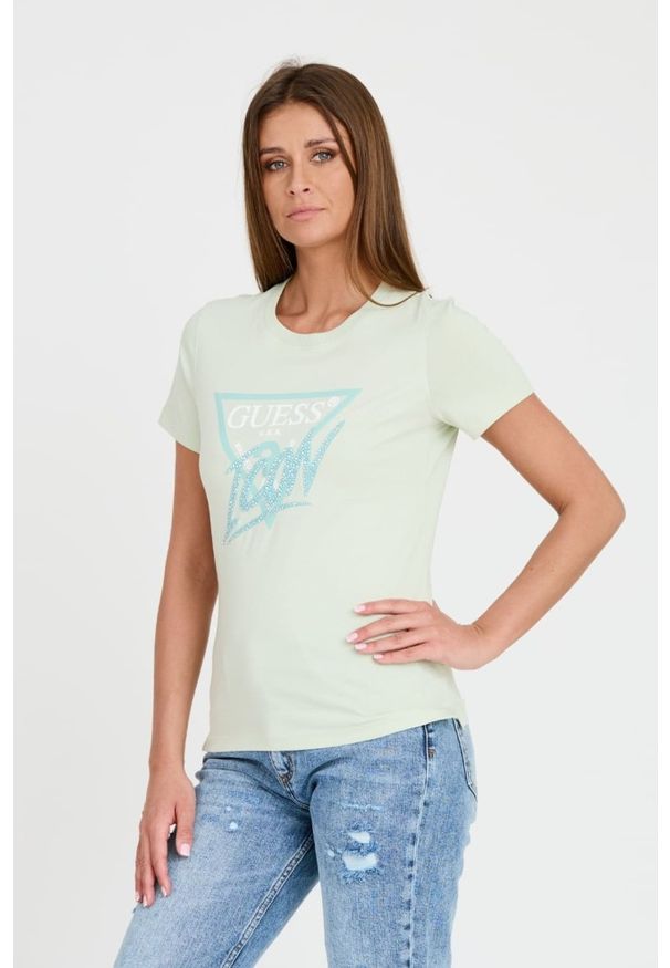 Guess - GUESS Miętowy damski t-shirt bawełniany Icon Tee, Rozmiar M. Kolor: zielony. Materiał: bawełna