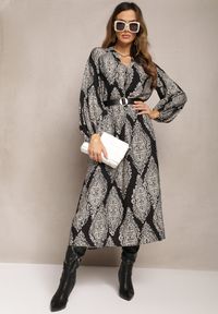 Renee - Czarna Rozkloszowana Sukienka Maxi w Fantazyjny Print Abhik. Kolor: czarny. Wzór: nadruk. Długość: maxi #3