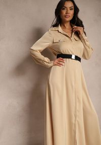 Renee - Beżowa Satynowa Sukienka w Stylu Szmizjerki z Imitacjami Kieszeni i Paskiem Vaminay. Kolor: beżowy. Materiał: satyna. Wzór: aplikacja. Typ sukienki: szmizjerki. Styl: klasyczny, elegancki #5