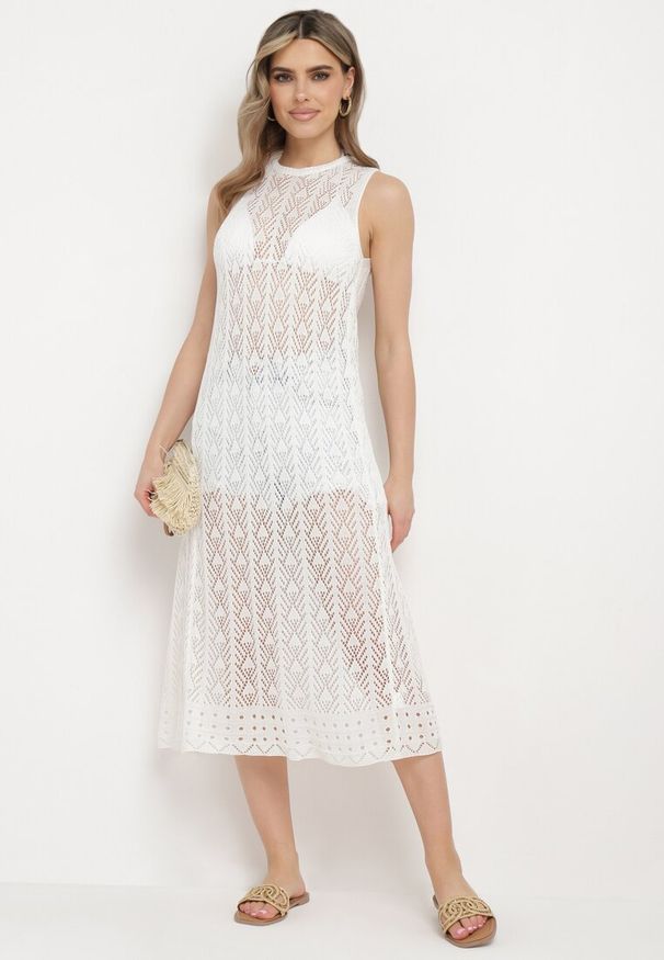 Born2be - Biała Ażurowa Tunika Boho bez Rękawów Kimalia. Okazja: na co dzień. Kolor: biały. Materiał: wiskoza. Długość rękawa: bez rękawów. Wzór: ażurowy. Styl: boho