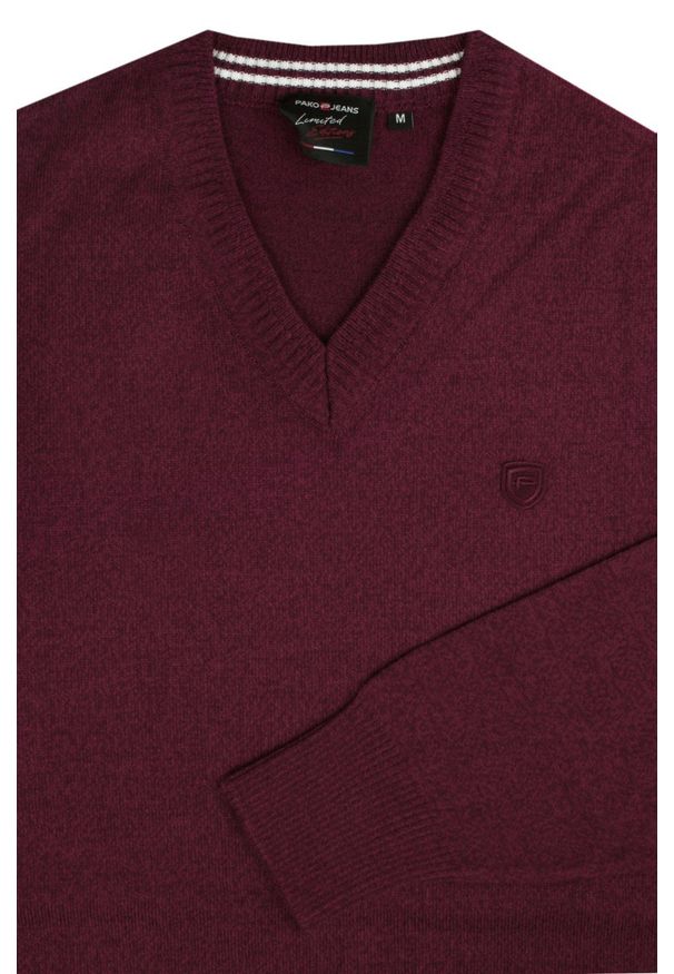 Sweter Męski Wełniany - Dekolt w Serek - Pako Jeans - Bordowy. Okazja: do pracy, na spotkanie biznesowe. Typ kołnierza: dekolt w serek. Kolor: czerwony. Materiał: wełna, akryl. Styl: klasyczny, biznesowy