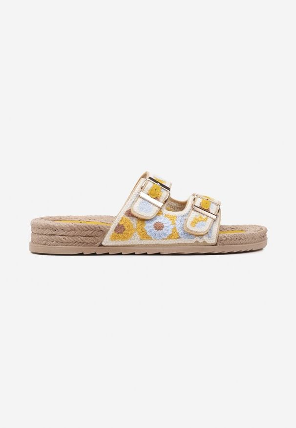 Renee - Żółte Klapki z Geometrycznym Motywem i Plecionką Setoriela. Okazja: na co dzień. Kolor: żółty. Materiał: jeans. Wzór: geometria. Styl: elegancki, casual
