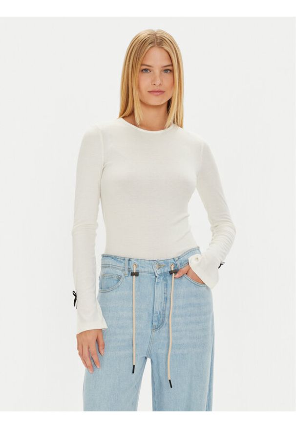 Gina Tricot Bluzka Bow Rib Top 22743 Beżowy Slim Fit. Kolor: beżowy. Materiał: syntetyk, wiskoza