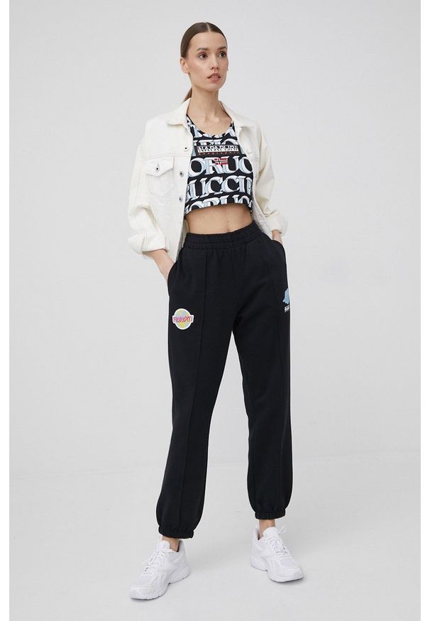 Napapijri top Napapijri X Fiorucci damski. Kolor: niebieski. Materiał: dzianina. Długość rękawa: na ramiączkach. Wzór: nadruk