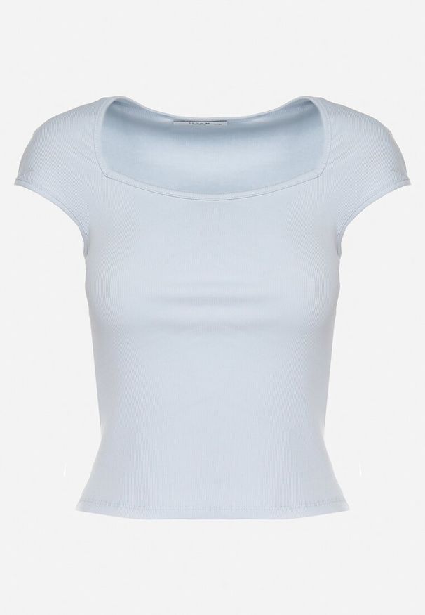 Born2be - Niebieski Dopasowany T-shirt z Wiskozą w Prążki z Kwadratowym Dekoltem Alannia. Okazja: na co dzień, do pracy, na spotkanie biznesowe. Typ kołnierza: dekolt kwadratowy. Kolor: niebieski. Materiał: wiskoza. Wzór: prążki. Styl: casual, biznesowy