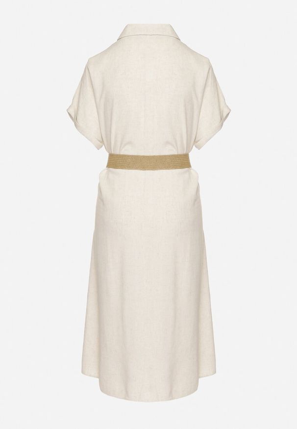 Born2be - Beżowa Koszulowa Sukienka z Lnu i Wiskozy z Elastycznym Paskiem z Klamrą Elanithea. Okazja: na co dzień. Typ kołnierza: kołnierzyk klasyczny. Kolor: beżowy. Materiał: len, wiskoza. Długość rękawa: krótki rękaw. Typ sukienki: koszulowe. Styl: klasyczny, casual, elegancki