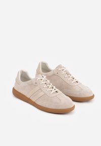 Born2be - Beżowe Skórzane Sneakersy na Płaskiej Podeszwie Ozdobione Paskami Nelavirae. Zapięcie: pasek. Kolor: beżowy. Materiał: skóra. Wzór: aplikacja. Obcas: na płaskiej podeszwie #5