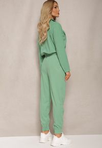 Renee - Zielony Komplet Dresowy w Prążki Bluza Kurtka Rozpinana z Kołnierzykiem i Spodnie Lisulla. Kolor: zielony. Materiał: dresówka. Wzór: prążki. Sport: turystyka piesza