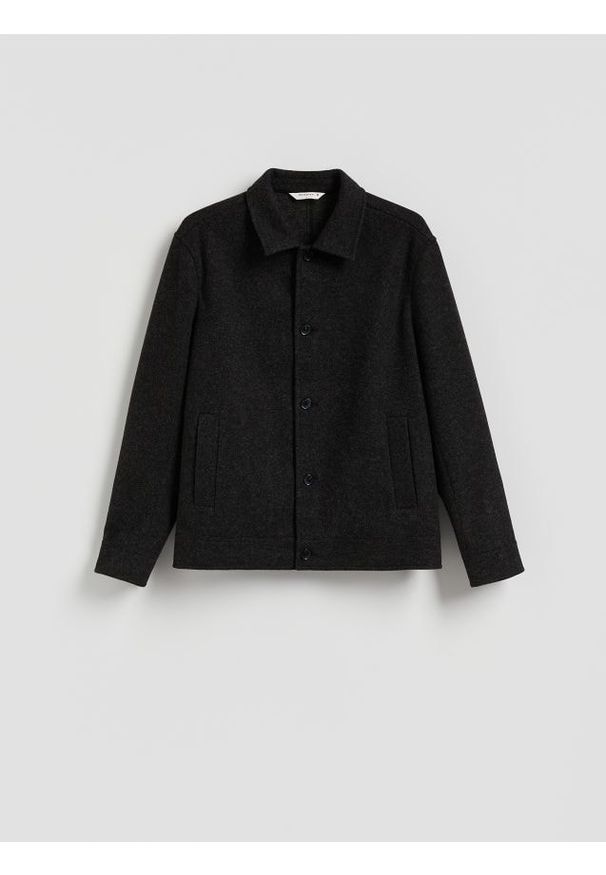 Reserved - Kurtka koszulowa z kołnierzem - ciemnoszary. Kolor: szary. Materiał: dzianina